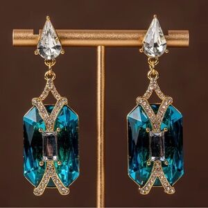 Gold and Teal Crystal Dangle Earrings